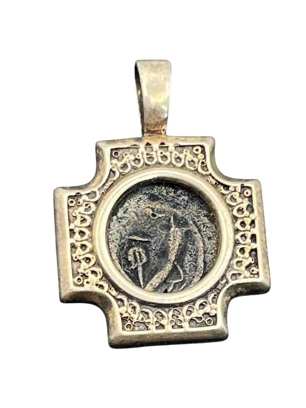 Israel sterling silver cross religious faux coin pendant for necklace vintage